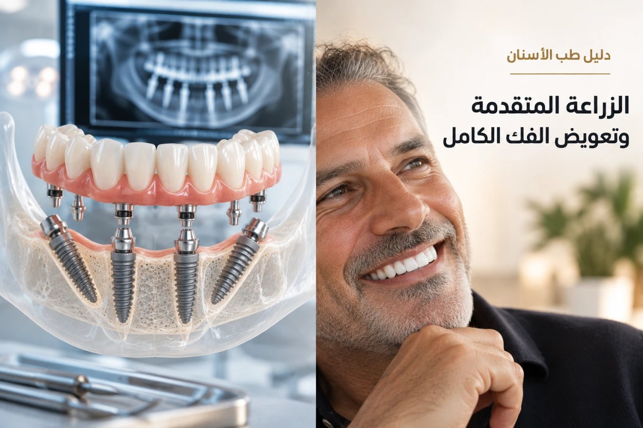 دليل طب الأسنان: نموذج تركيبة فك كامل ثابتة على غرسات أمام صورة أشعة بانورامية، بجانب رجل يبتسم، بعنوان «الزراعة المتقدمة وتعويض الفك الكامل»
