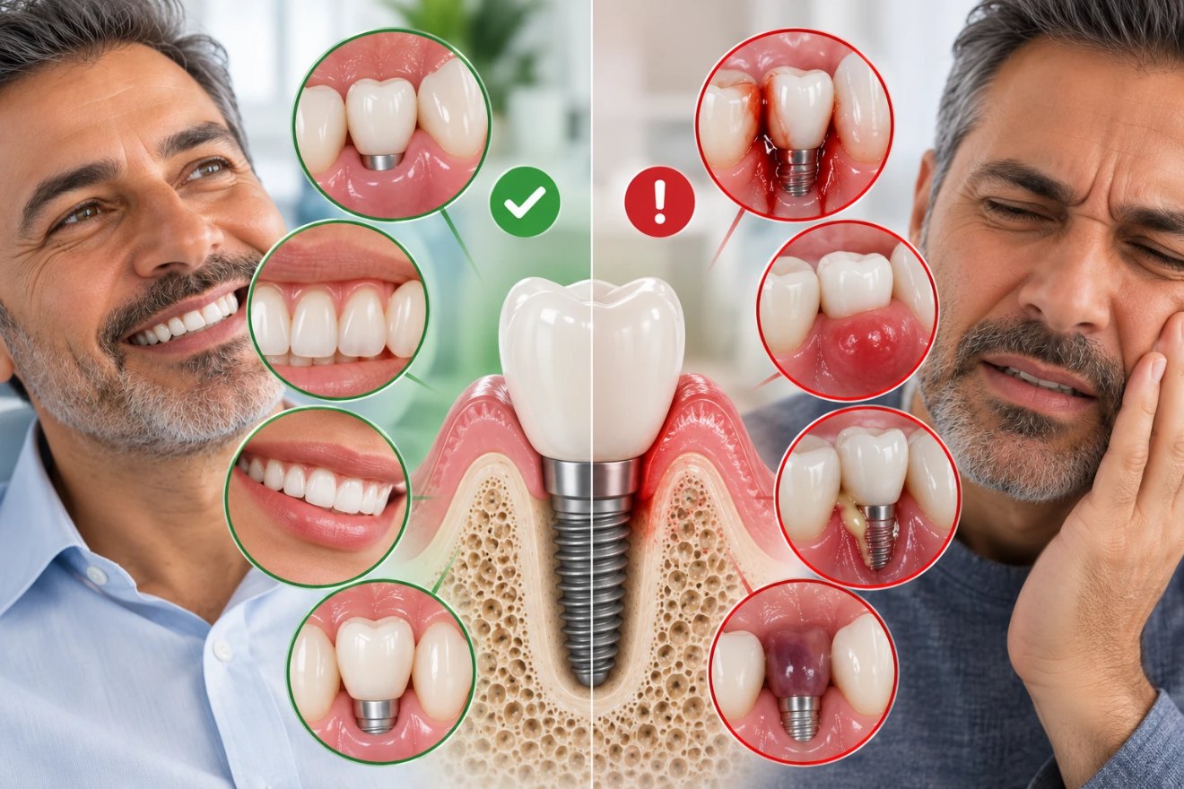 مقارنة بلوحتين بعد زراعة الأسنان: التئام طبيعي مع رجل مرتاح (علامة خضراء) مقابل علامات تستدعي الاتصال بالعيادة كالنزف والتورم والقيح مع رجل يتألم (علامة حمراء)