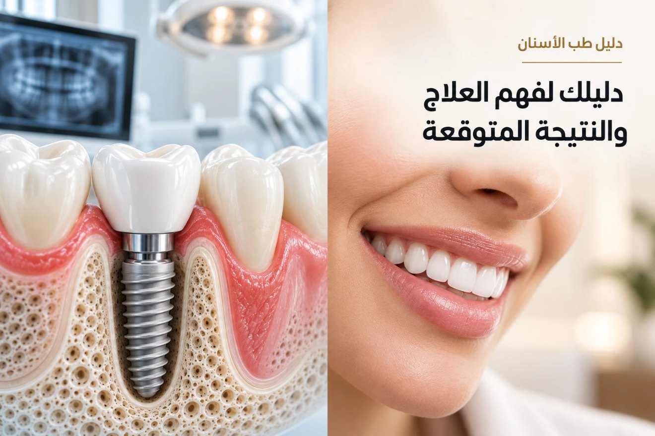 دليل طب الأسنان: رسم لغرسة سنية في عظم الفك بجانب ابتسامة، بعنوان «دليلك لفهم العلاج والنتيجة المتوقعة»