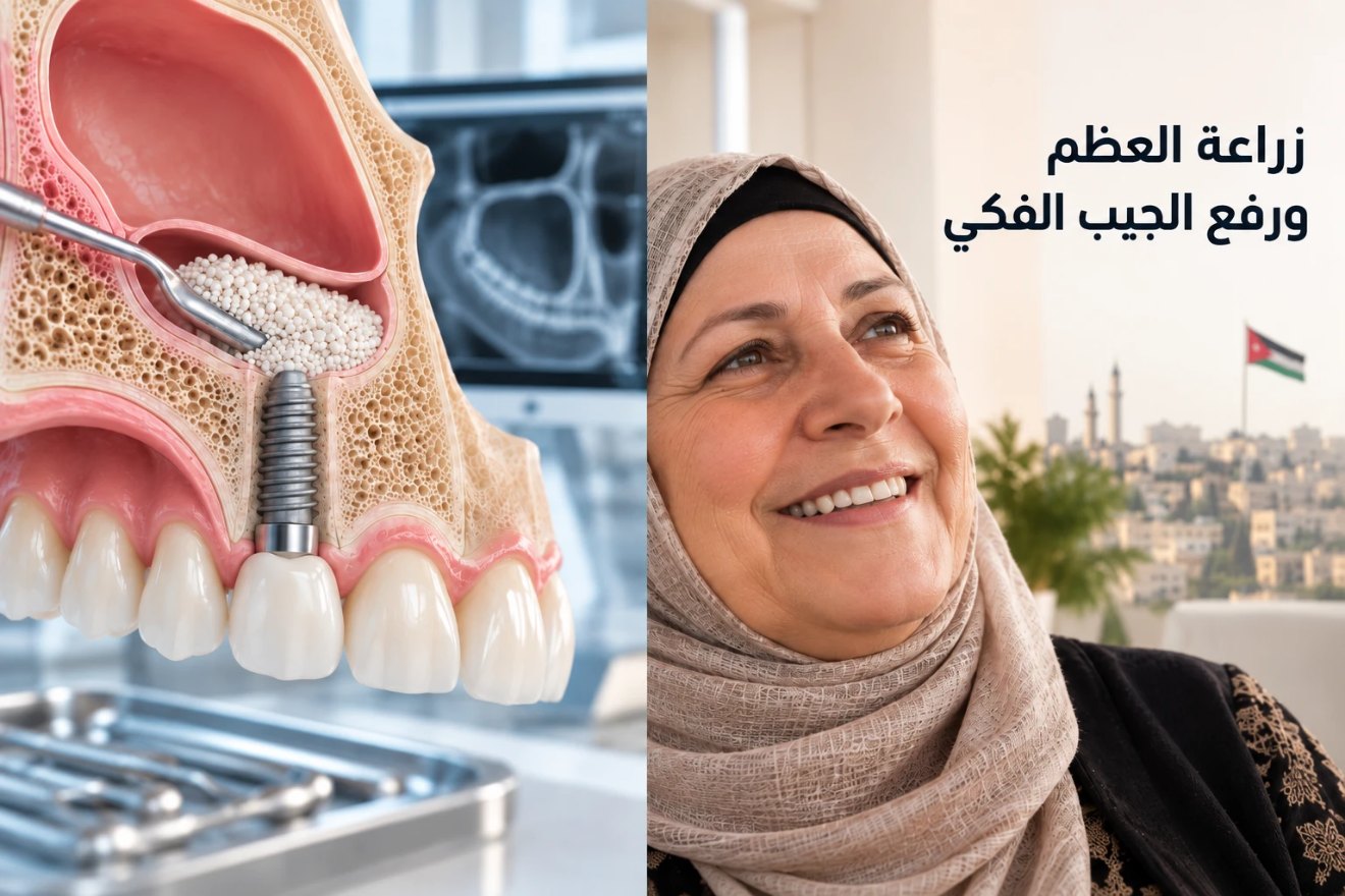 رسم لرفع الجيب الفكي مع مادة ترقيع العظم وغرسة سنية، بجانب سيدة تبتسم وخلفها عمّان، بعنوان «زراعة العظم ورفع الجيب الفكي»