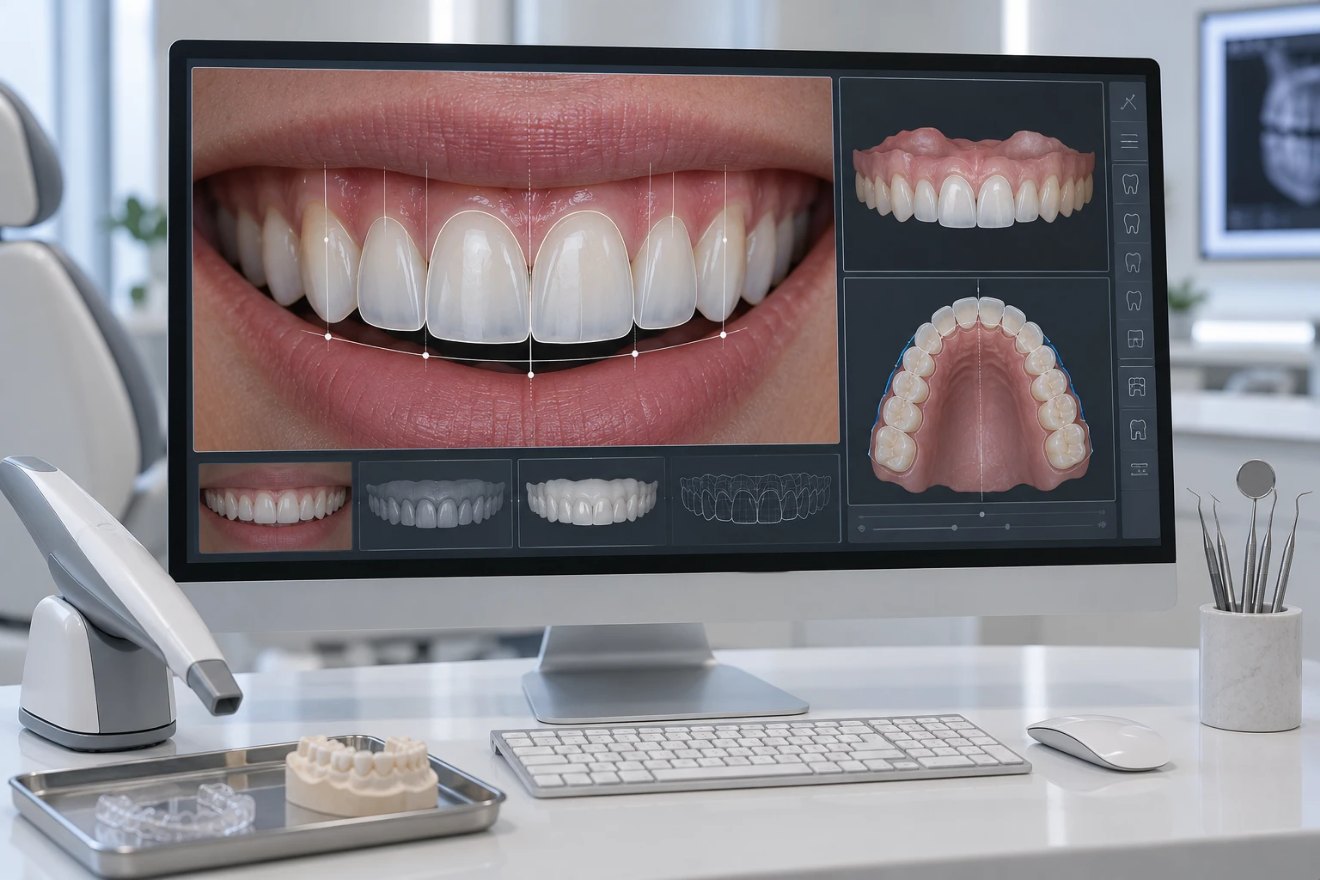 شاشة في العيادة تعرض تصميم ابتسامة رقمي: صورة الابتسامة مع خطوط التصميم، ونماذج ثلاثية الأبعاد للفك، وماسح داخل الفم بجانبها