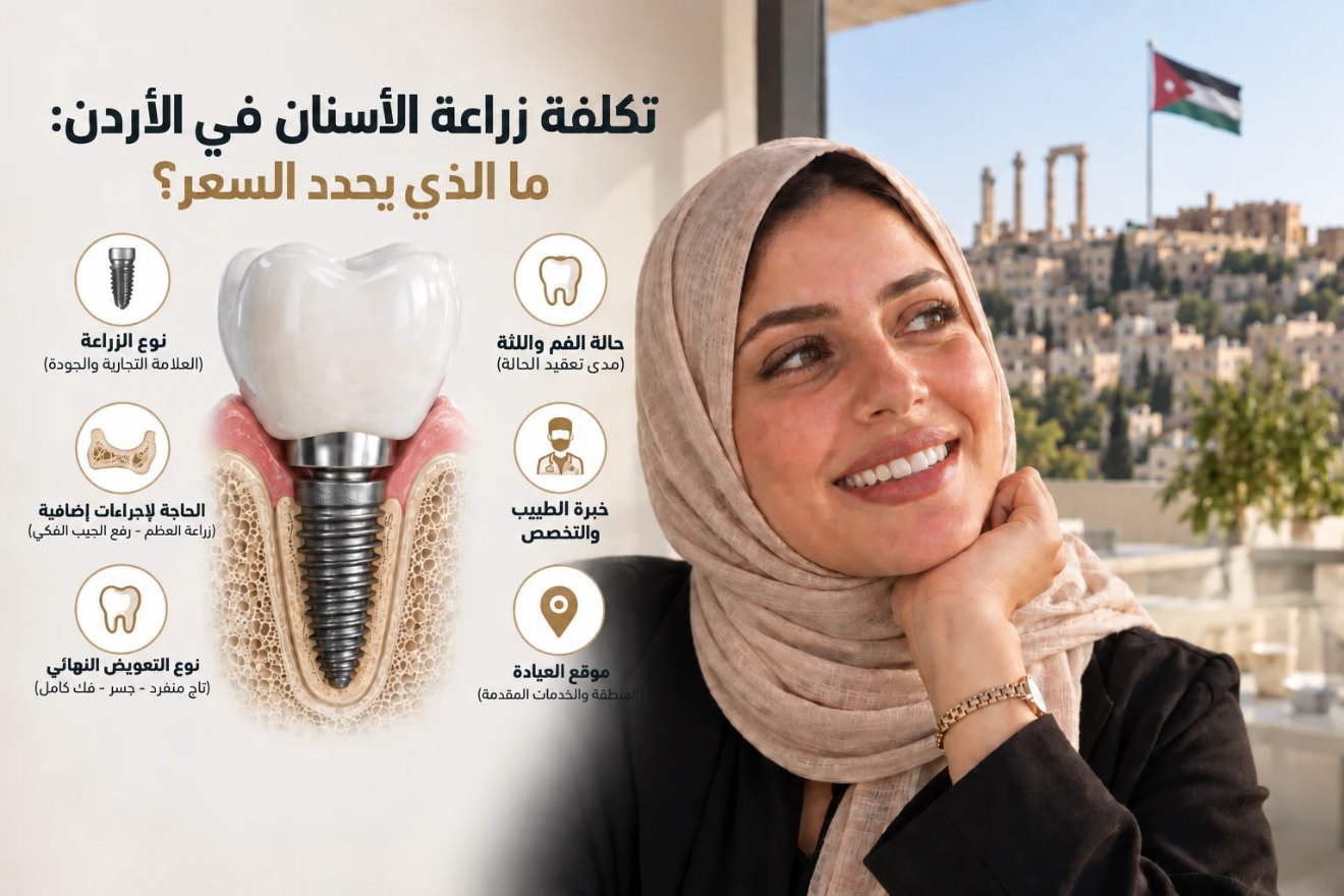 العوامل التي تحدد تكلفة زراعة الأسنان في الأردن (نوع الغرسة، الإجراءات الإضافية، التعويض النهائي، حالة الفم، خبرة الطبيب، موقع العيادة) بجانب سيدة تبتسم وخلفها عمّان