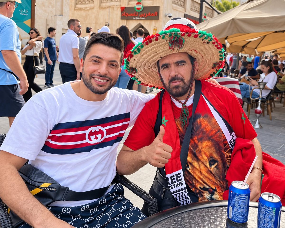 الدكتور شادي الشيخ يجلس بجانب محمد الشرفي الذي يرتدي قبعة وقميصاً بألوان المغرب
