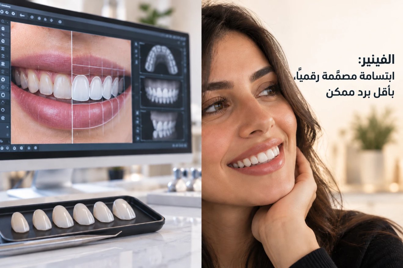 شاشة تصميم ابتسامة رقمي وقشور فينير على صينية، بجانب سيدة تبتسم، بعنوان «الفينير: ابتسامة مصمَّمة رقمياً، بأقل برد ممكن»